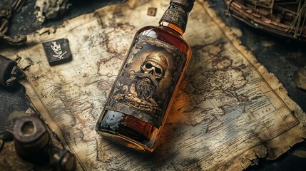 Pirate Bottle of Rum with antique map of treasure island, pirates theme on background.