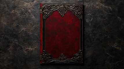 Red leather antique book, ornate cover, dark marble background, gothic style, book cover design