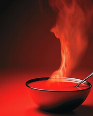 A steaming bowl of vibrant red soup. food and drink, icon