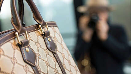 Naklejka premium Close-up of a counterfeit luxury handbag with intricate stitching and logo details, illustrating the concept of imitation and counterfeit products in the fashion industry.