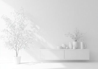 Fototapeta premium Minimalist white room interior with plant and console.