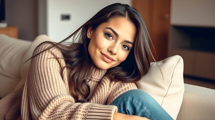 Beautiful Young Woman With a Warm Smile Relaxing in a Cozy Modern Living Room in Natural Soft Light With Stylish Casual Elegance and Radiant Confidence