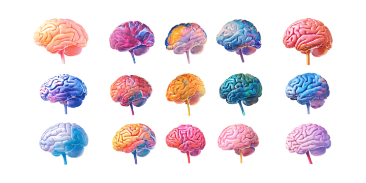 PNG Brain Set in Different Poses on Transparent Background for Science Illustration, Medical Education, or Neuroscience Design