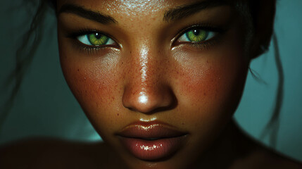 Enigmatic beauty: dark skin woman with striking green eyes