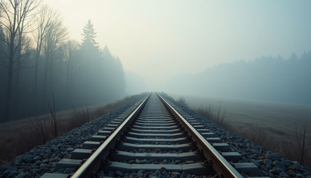 Misty Railway Tracks Through the Woods