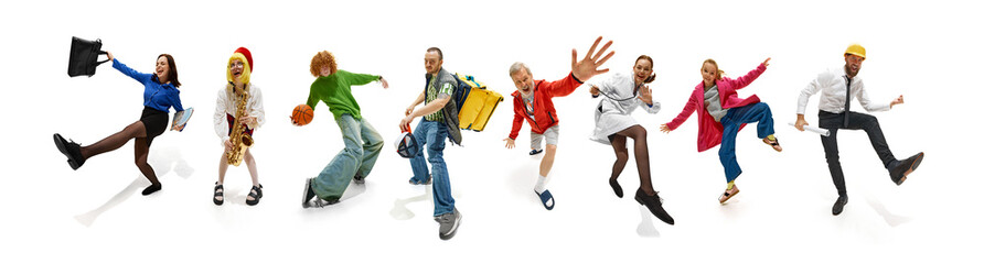 Fototapeta premium Vibrant mix of professionals, athletes, and artists expressing motion, passion, and personality in synchronized dynamic poses. Collage. Concept of energy, lifestyle, diversity, human emotions