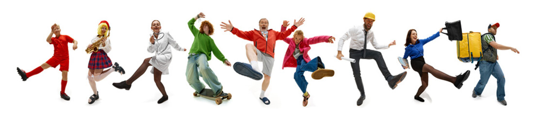 Diverse group of people including musicians, athletes, office workers, and couriers caught in...