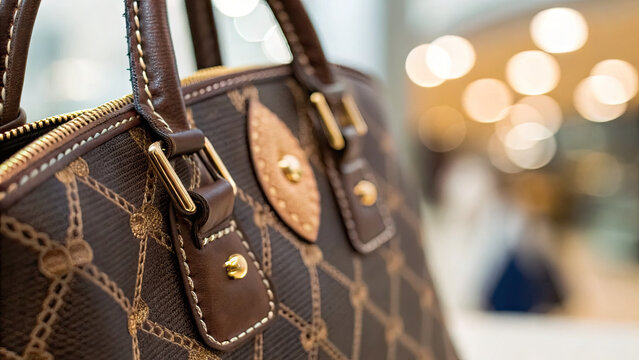 Close-up of a counterfeit luxury handbag with intricate stitching and logo details, illustrating the concept of imitation and counterfeit products in the fashion industry.
