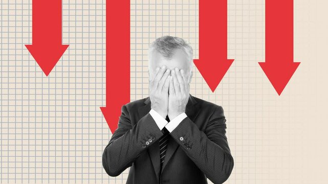 Motion collage video of puzzled businessman suffer arrow decline crisis 