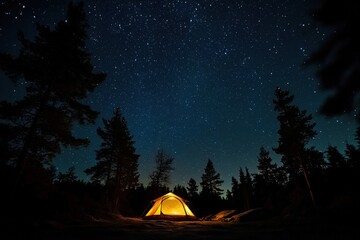 Cozy tent glowing warmly under a starry night sky in a tranquil forest setting Generative AI