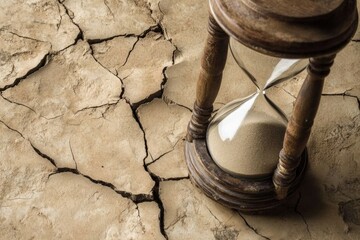 Cracked hourglass with sand spilling onto a dry, cracked surface symbolizing lost time and inevitability Generative AI