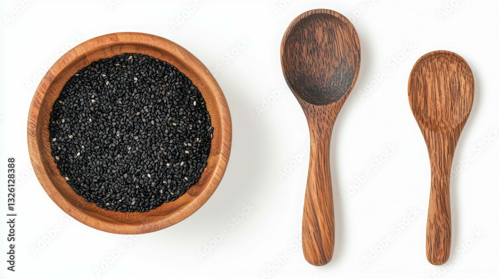 Poster realistic black sesame seeds in wooden bowls and spoons for culinary and design usage