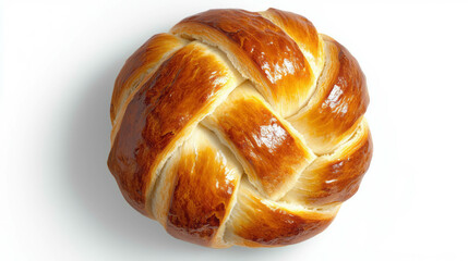 Freshly baked golden round bread loaf on white background