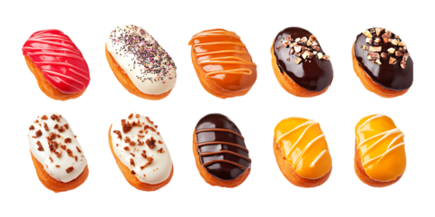 Set of ten oblong glazed mini donuts with chocolate and vanilla toppings perfect for confectionery website promotion banners.