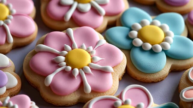 Colorful iced flower cookies arranged in neat rows for bakery display