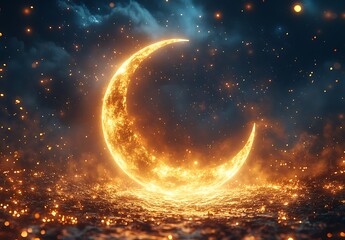 Fototapeta premium Glowing Crescent Moon in a Mystical Starry Night Sky