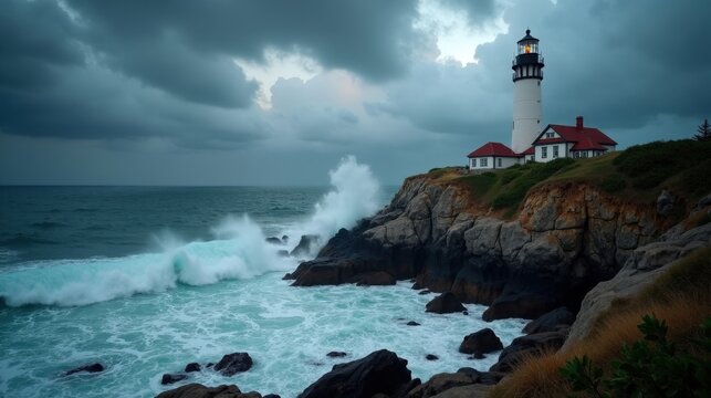 A stormy coastline with dark clouds rolling in, powerful waves crashing against a lighthouse perched on a jagged rocky cliff, dramatic tension in the atmosphere.