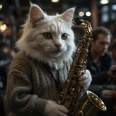 Fluffy white cat Caddy with green eyes in sweater plays the saxophone in a jazz club and on the night streets of New Orlean.