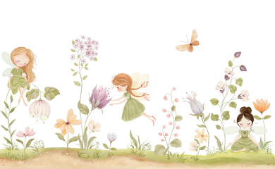 Watercolor composition with floral meadow, delicate abstract flowers and cute fairies, isolated horizontal border for cover or wallpapers, mural for childish room. Hand drawn design print.
