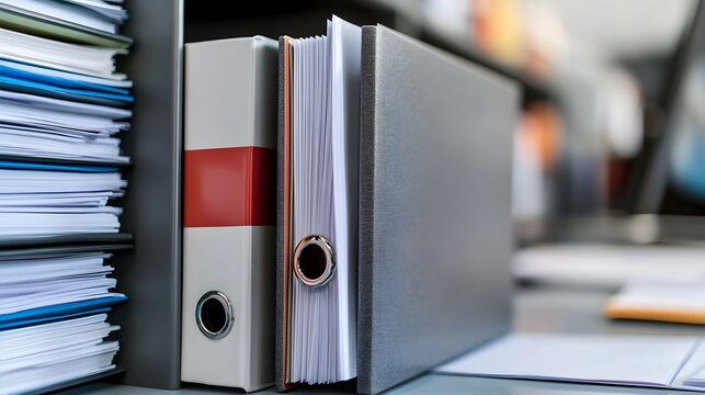 A gray document album with white and red paper sheets, organized and ready for filing or presentation in a professional setting.