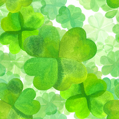 Seamless watercolor pattern for St Patrick's day, abstract four leaf clovers, background texture, hand drawn wallpaper