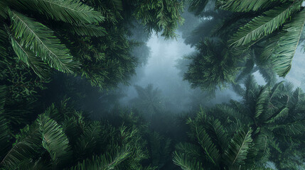 Naklejka premium Tranquil foggy forest top view highlighting lush greenery and serenity