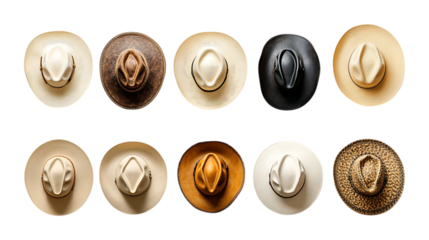 Pack Cowboy Hat Set Against Transparent Background for Western-Themed Graphics, Fashion Branding, or Costume Design
