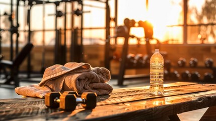 Equipment and Water Bottle on Bench in Bright Gym Environment