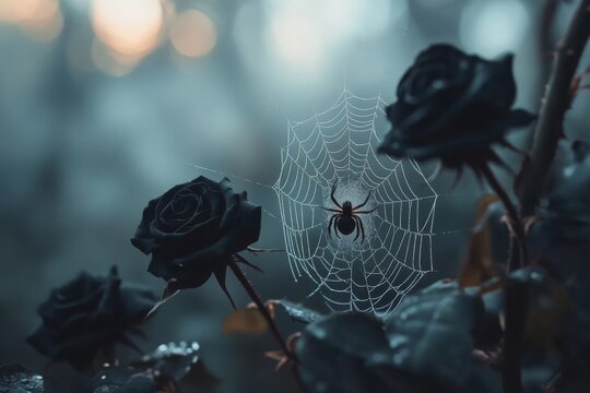 A dark and moody depiction of a spider spinning its web between black roses, illuminated by faint moonlight in a shadowy garden