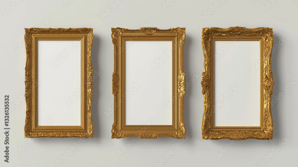 Poster elegant display of three ornate empty frames for art and interior design