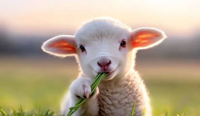 Obraz premium a cute white lamb with pink nose eating grass in the farm,