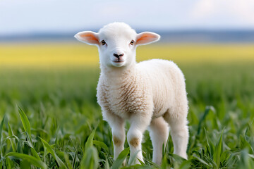Obraz premium a cute white sheep stands in the green grass,