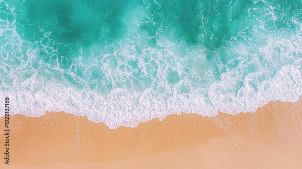 Poster serene ocean waves crashing on realistic sandy beach background for summer design