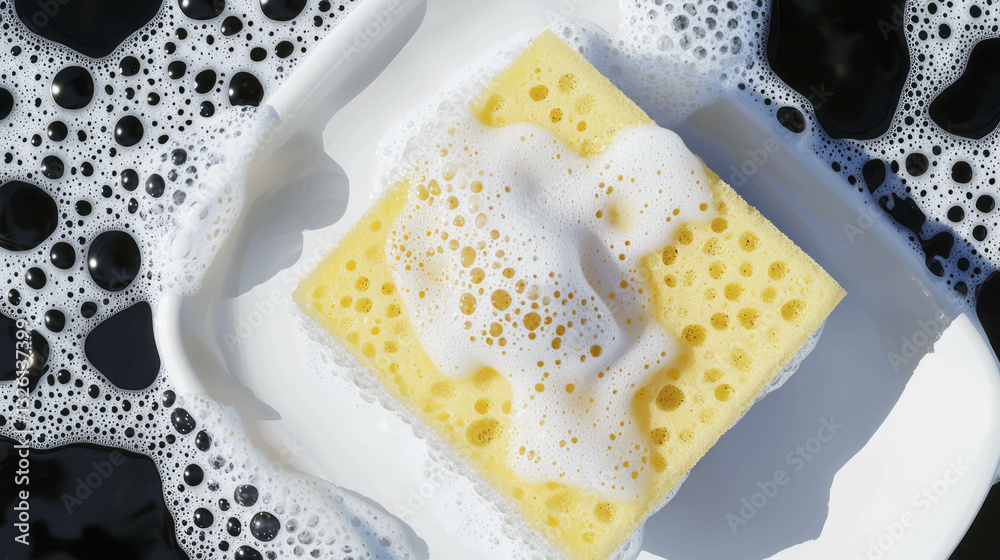 Poster realistic sponge with soap suds for cleaning and hygiene concepts