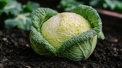 Fresh Organic Savoy Cabbage Growing in Garden, Close-Up of Head of Green Savoy Vegetables