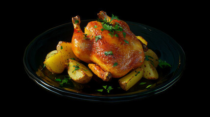 Delicious roasted chicken with potatoes garnished with fresh herbs