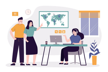 Travel agency office. Consultation, couple of tourist talking with manager. Worker woman at workplace. summer flight or vacation booking with friendly travel agency manager.