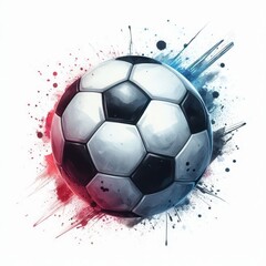 Naklejka premium Soccer ball with watercolor splashes in red and blue. Abstract football illustration with ink splatters. Dynamic sports design for posters