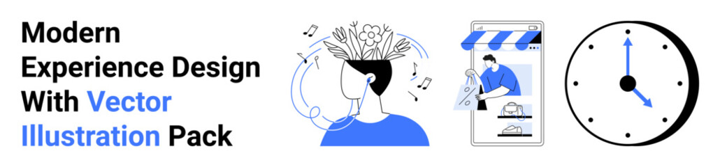 Artistic brain activity visualization, online shopping visuals, and time concept combined to emphasize creative process, online business, time management. Ideal for creativity, e-commerce