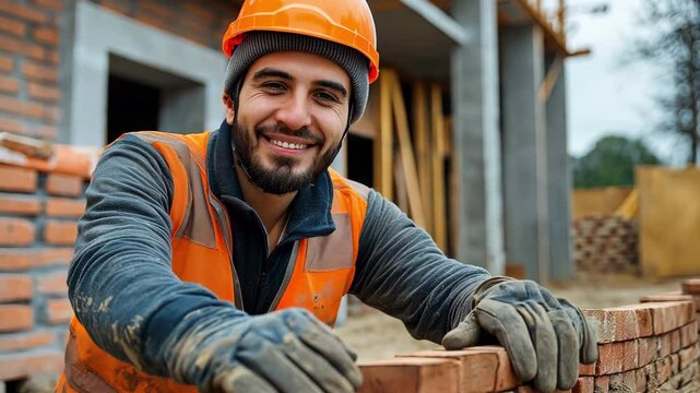 A happy bricklayer on a building site. A safety helmet is worn by construction workers.