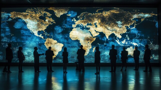 International leaders exchange insights on business strategies against a world map backdrop in a modern conference setting
