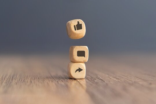 Three dice with like, comment and share icon. Social media concept. - Powered by Adobe