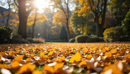 Capture the essence of fall with this serene autumn forest scene. Sunlight pours through trees onto a bed of golden leaves, creating a warm, peaceful atmosphere. Ideal for use in seasonal campaigns, n