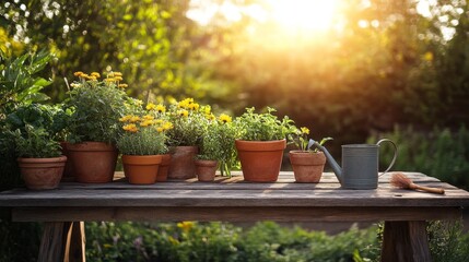 Rustic wooden potting bench with garden tools and plants in a sunlit backyard