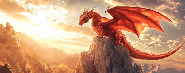 A majestic red dragon is perched atop a rocky mountain peak