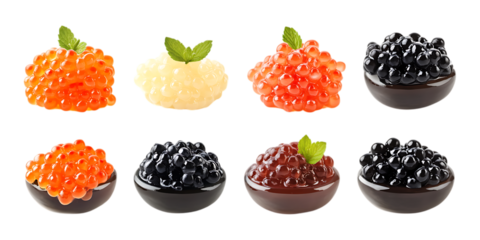 Assortment of colorful caviar and fish roe samples served neatly separated on a clean transparent background for menu design.