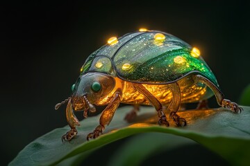 Naklejka premium A golden tortoise beetle with a translucent, glowing shell resting on a bright green leaf