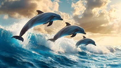 Fototapeta premium Three dolphins are leaping out of the ocean waves against a backdrop of a dramatic sky with clouds. Concept Dolphins Leaping, Ocean Waves, Dramatic Sky, Cloudy Backdrop, Marine Life Photography