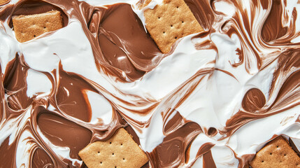 Close up texture of milk chocolate and marshmallow s'mores with graham crackers