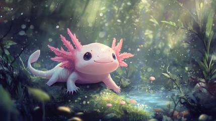 An adorable cartoon axolotl smiling sweetly in its natural habitat